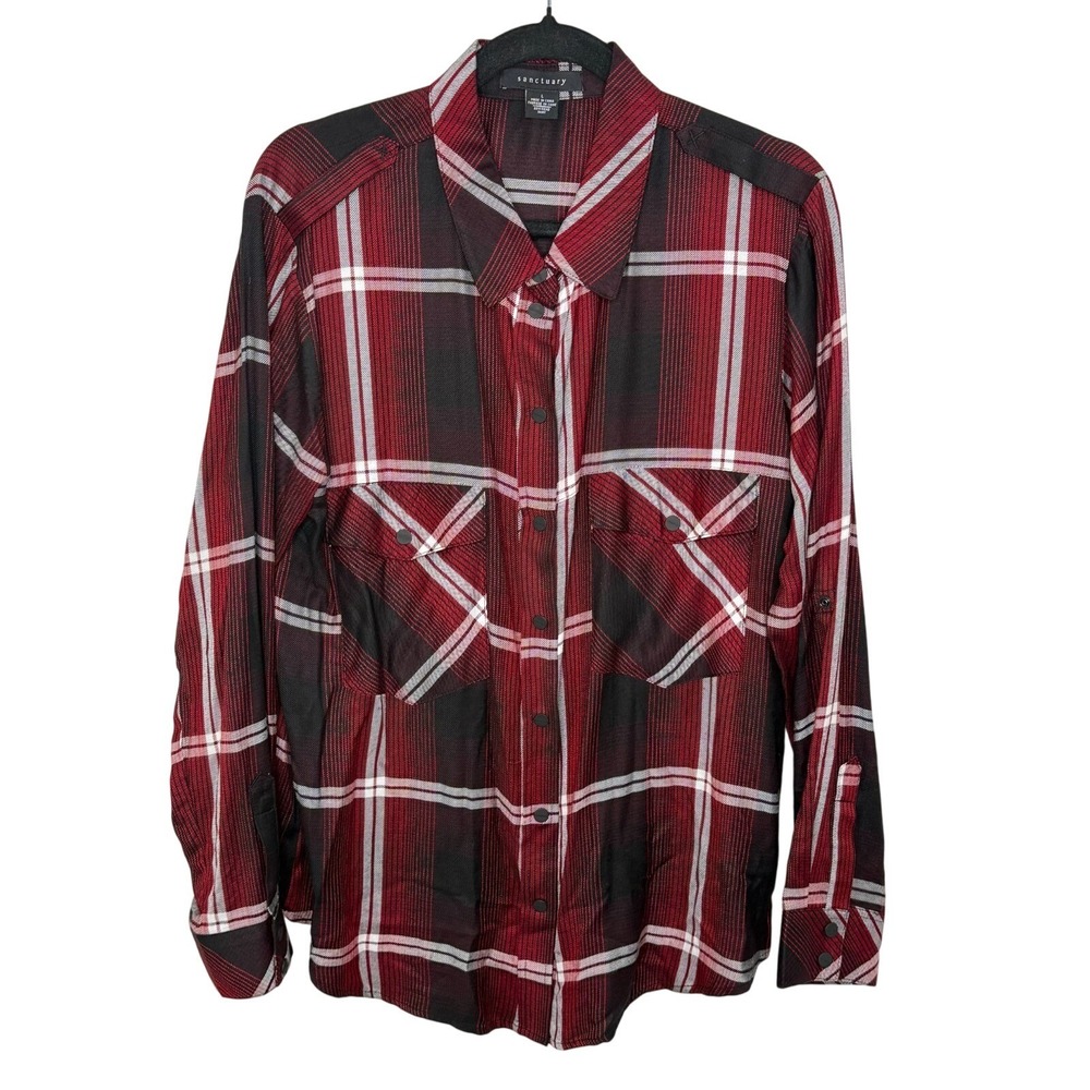 Sanctuary Flannel Boyfriend Shirt Women L Red Black Plaid Snap Front Long Sleeve